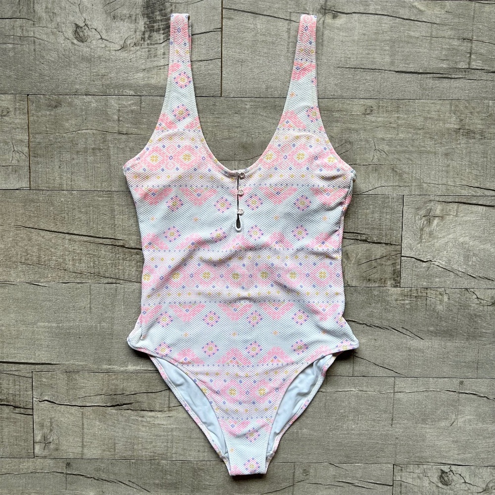 Aerie Pastel Mosaic Ivory Pink Pique One Piece Swimsuit Retro Geometric Retro L